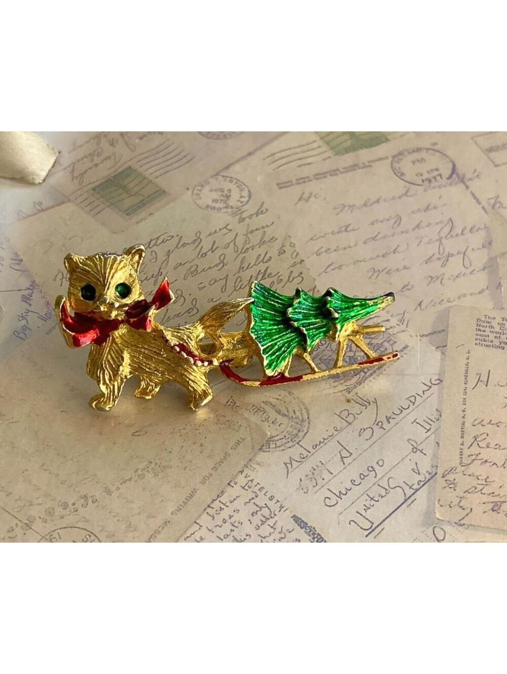 Vintage Cute Gold-tone Dog Brooch with Christmas Trees and Red Bow Accent